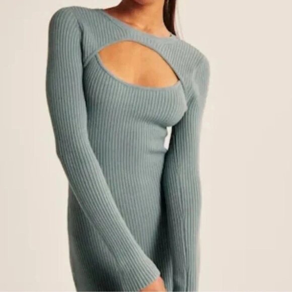 Abercrombie & Fitch Bodycon Ribbed Sweater Cut Out Midi Dress in Teal Size SP - Picture 2 of 6
